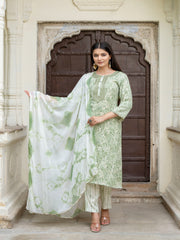 Maluka Women’s Capsule Foil Green & Peach Ethnic Kurta Set with Dupatta