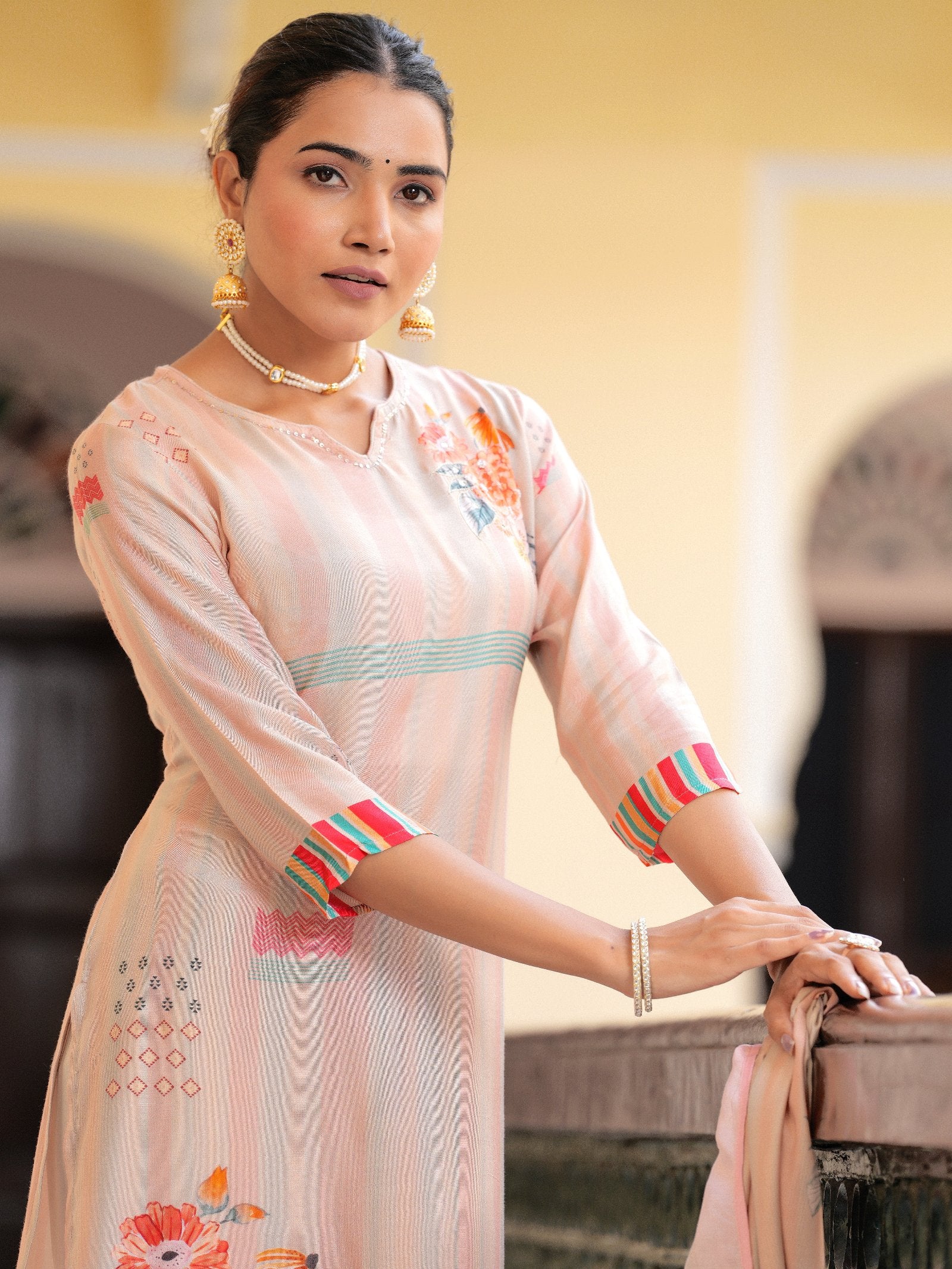 Peach Floral PLACEMENT PRINT MASLIN Kurta Set