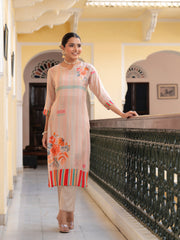 Peach Floral PLACEMENT PRINT MASLIN Kurta Set