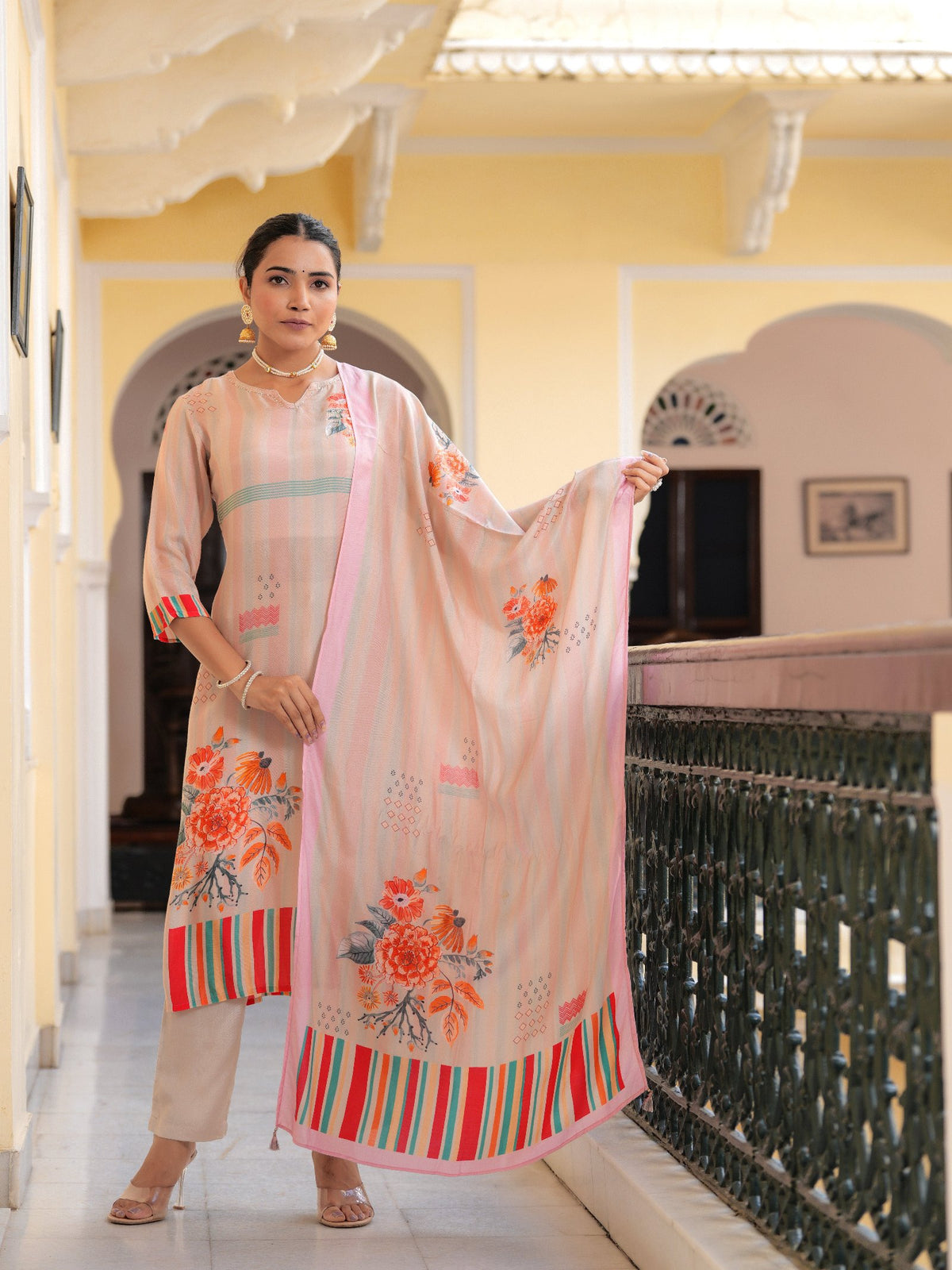 Peach Floral PLACEMENT PRINT MASLIN Kurta Set