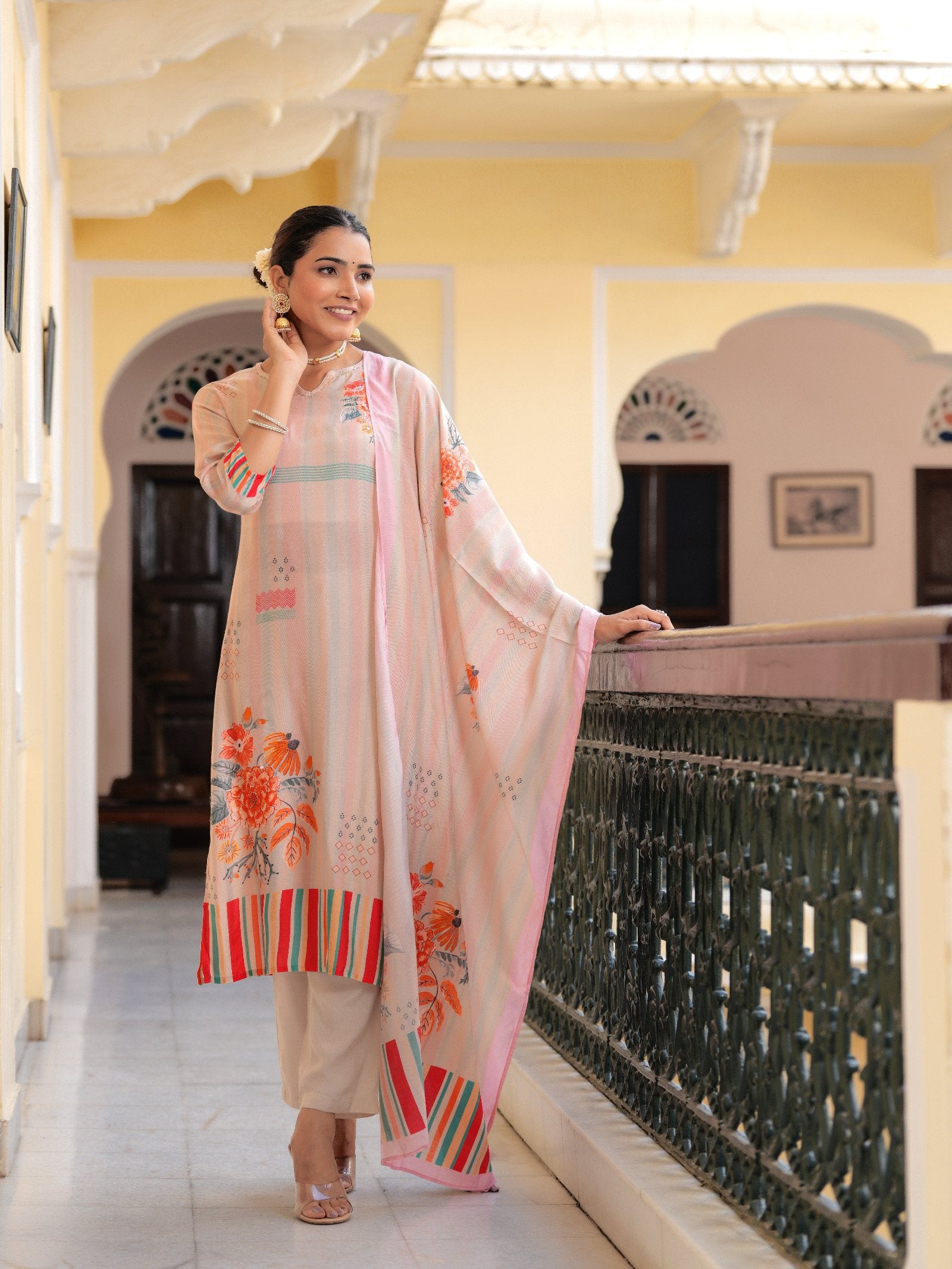 Peach Floral PLACEMENT PRINT MASLIN Kurta Set