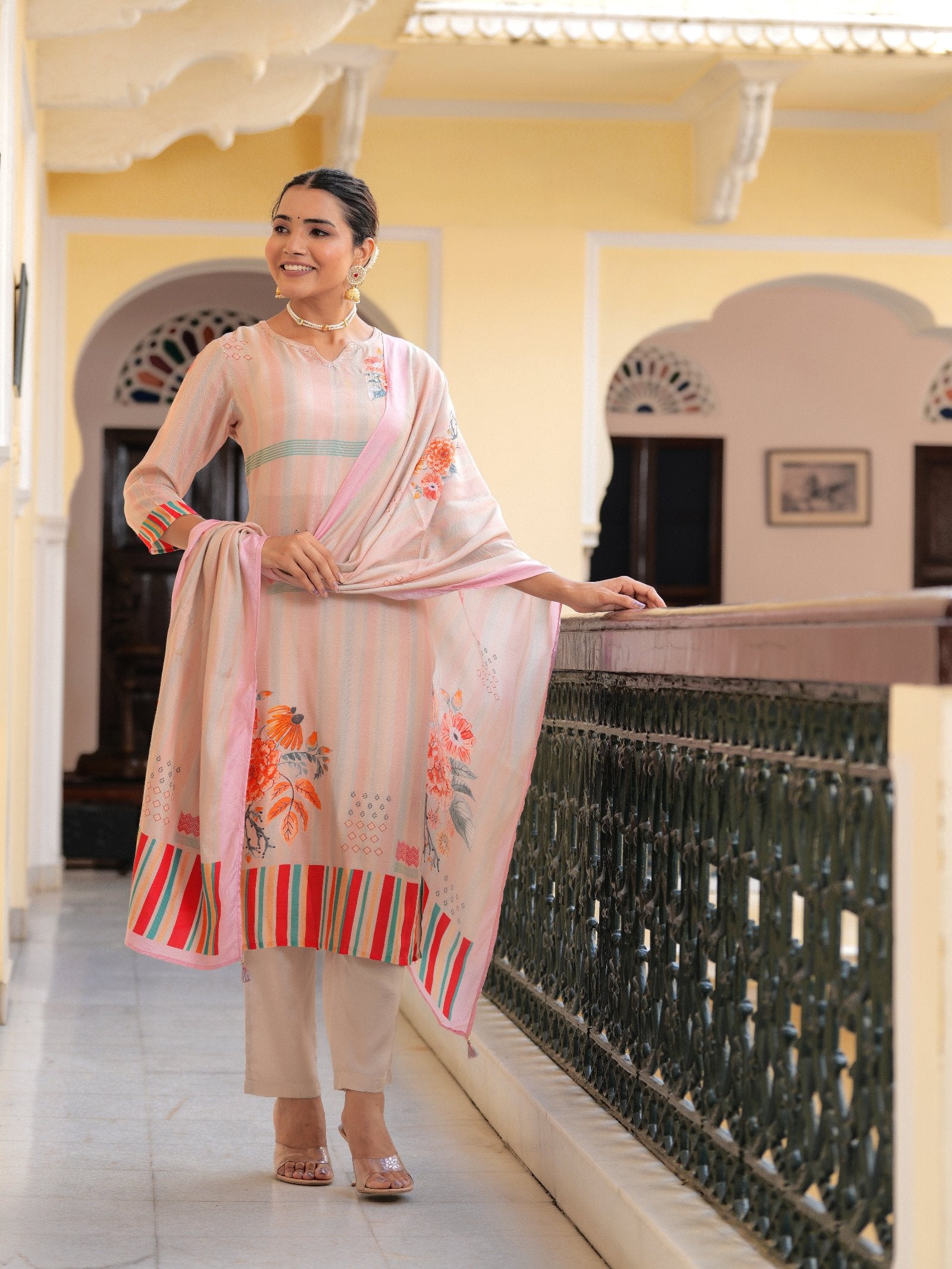 Peach Floral PLACEMENT PRINT MASLIN Kurta Set