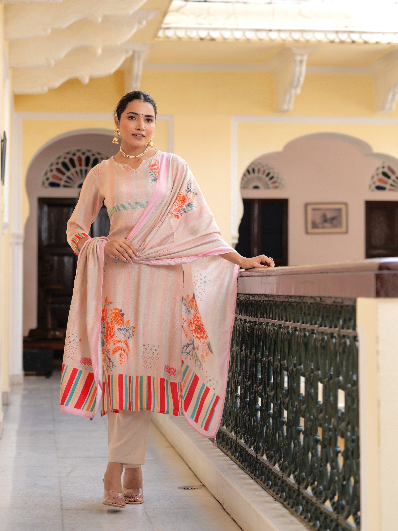 Peach Floral PLACEMENT PRINT MASLIN Kurta Set