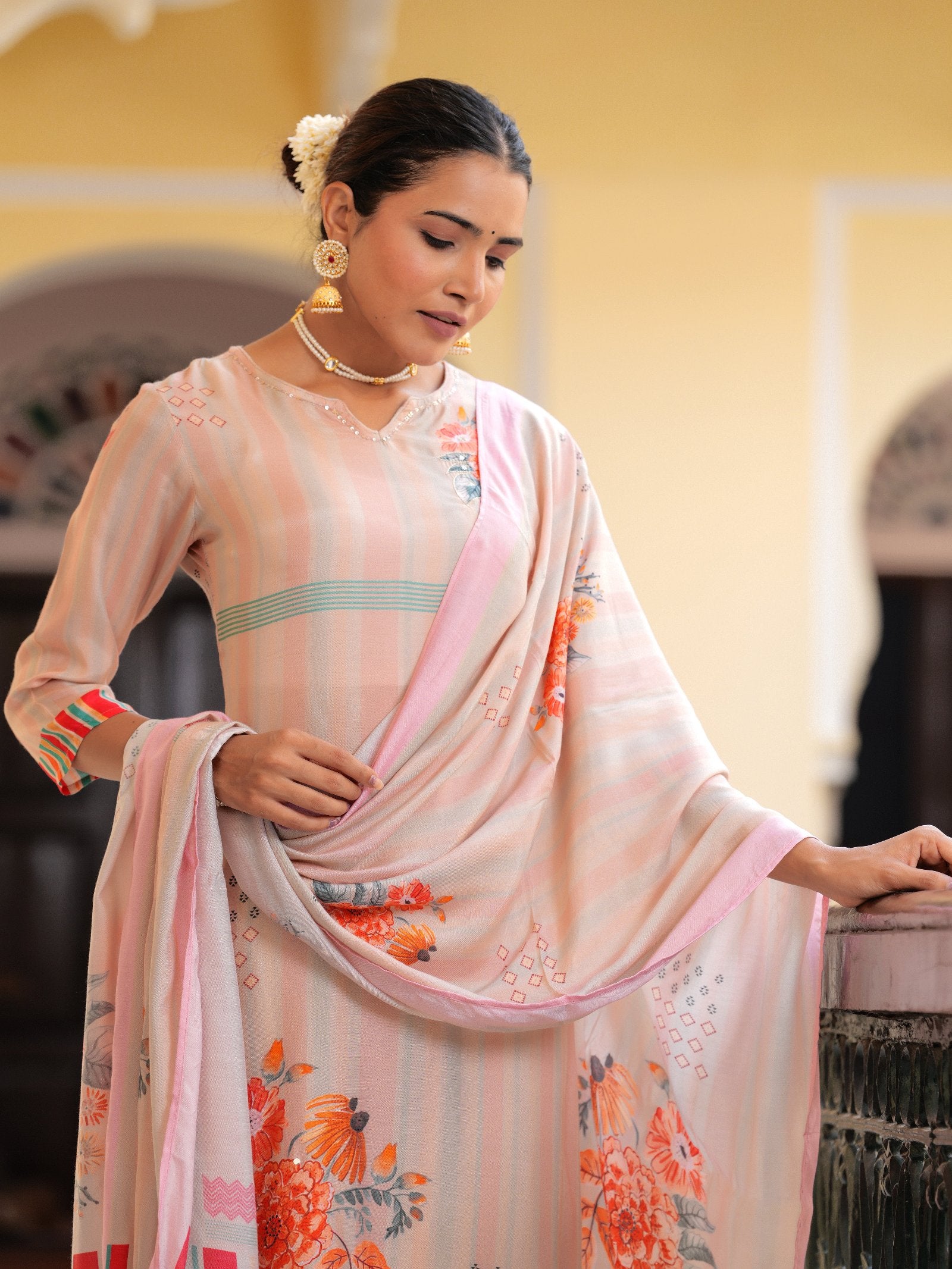 Peach Floral PLACEMENT PRINT MASLIN Kurta Set