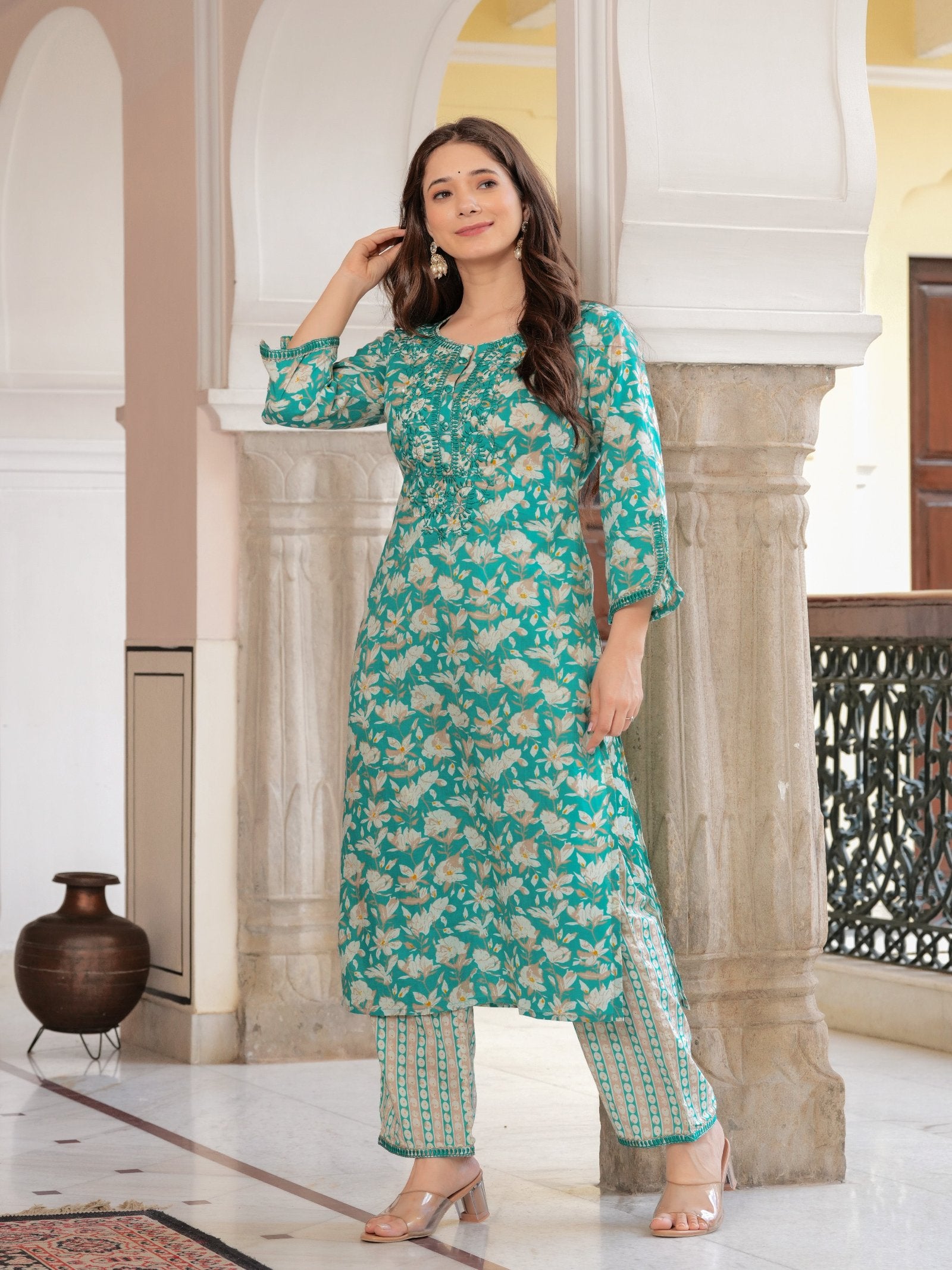 MALUKA WOMEN COTTON FLORAL PRINT WITH EMBROIDERED WORK KURTA SET