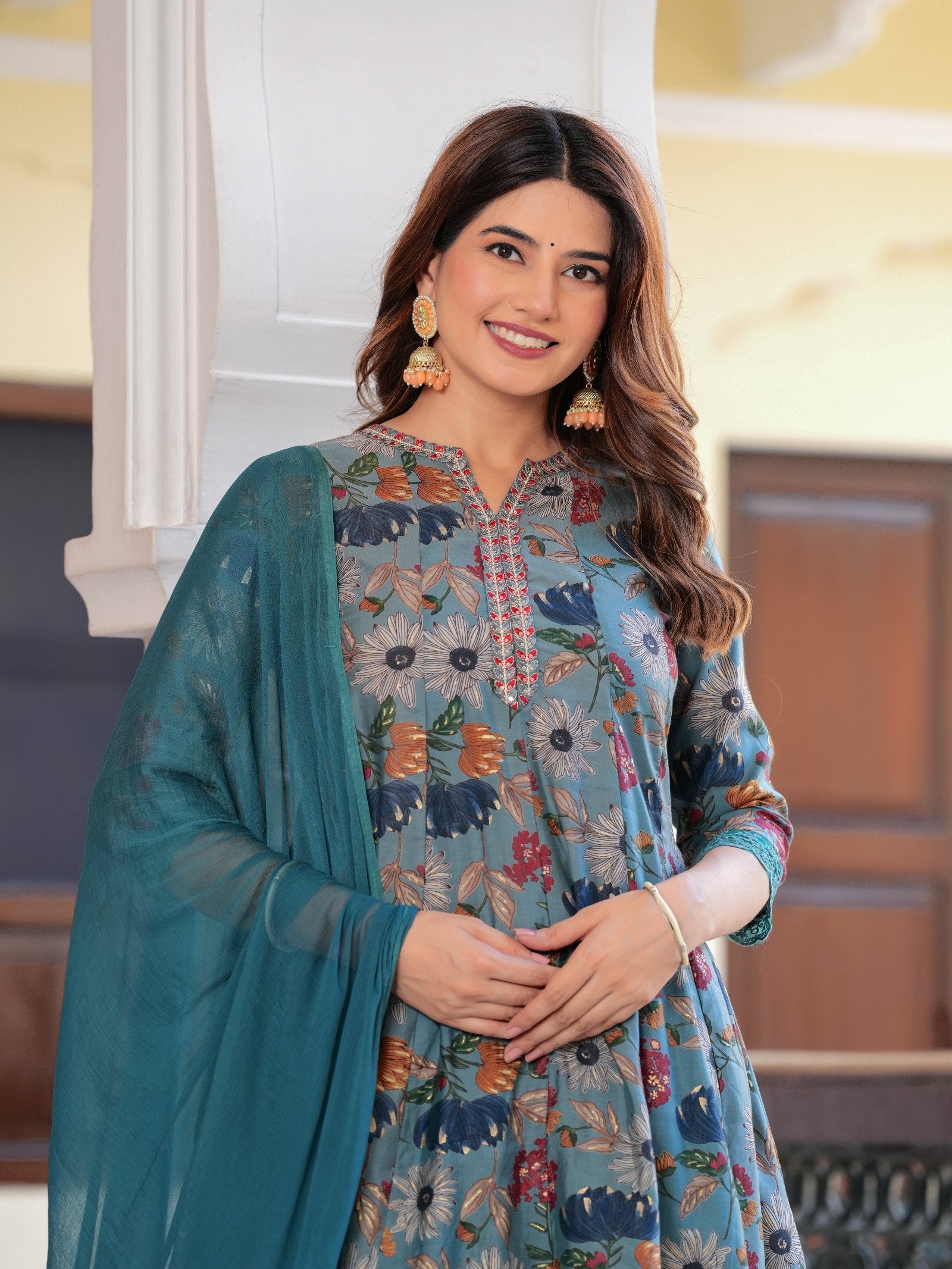 MALUKA MODAL CHANDERI WINE/TEAL FLORAL PRINT ETHNIC SET