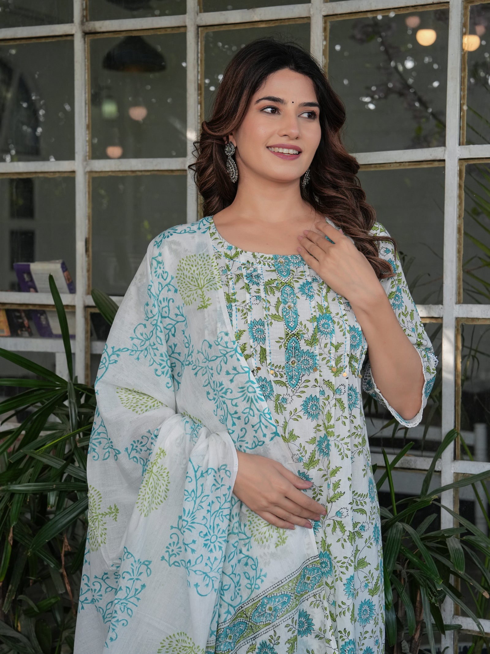 Maluka Women’s Cotton White-Green Floral Printed Straight Kurta Set with Dupatta