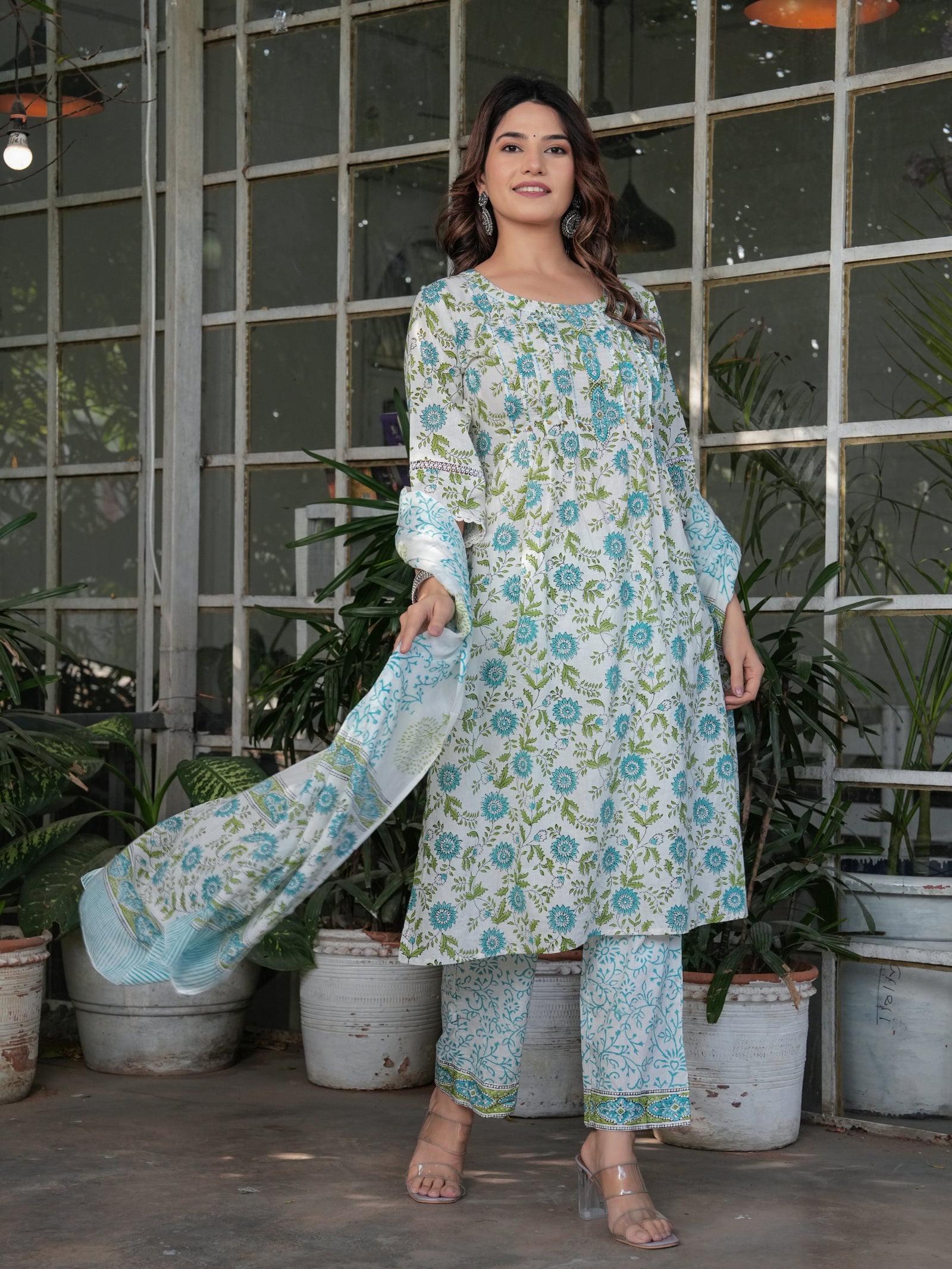 Maluka Women’s Cotton White-Green Floral Printed Straight Kurta Set with Dupatta