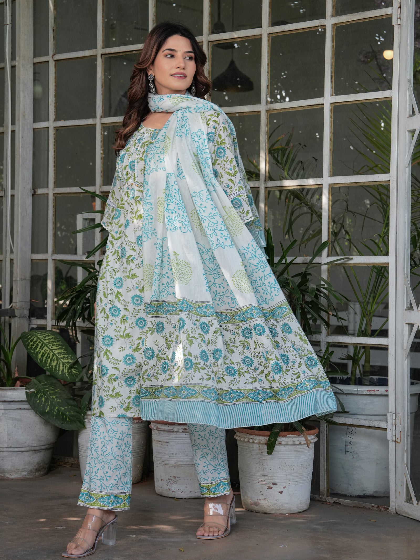 Maluka Women’s Cotton White-Green Floral Printed Straight Kurta Set with Dupatta