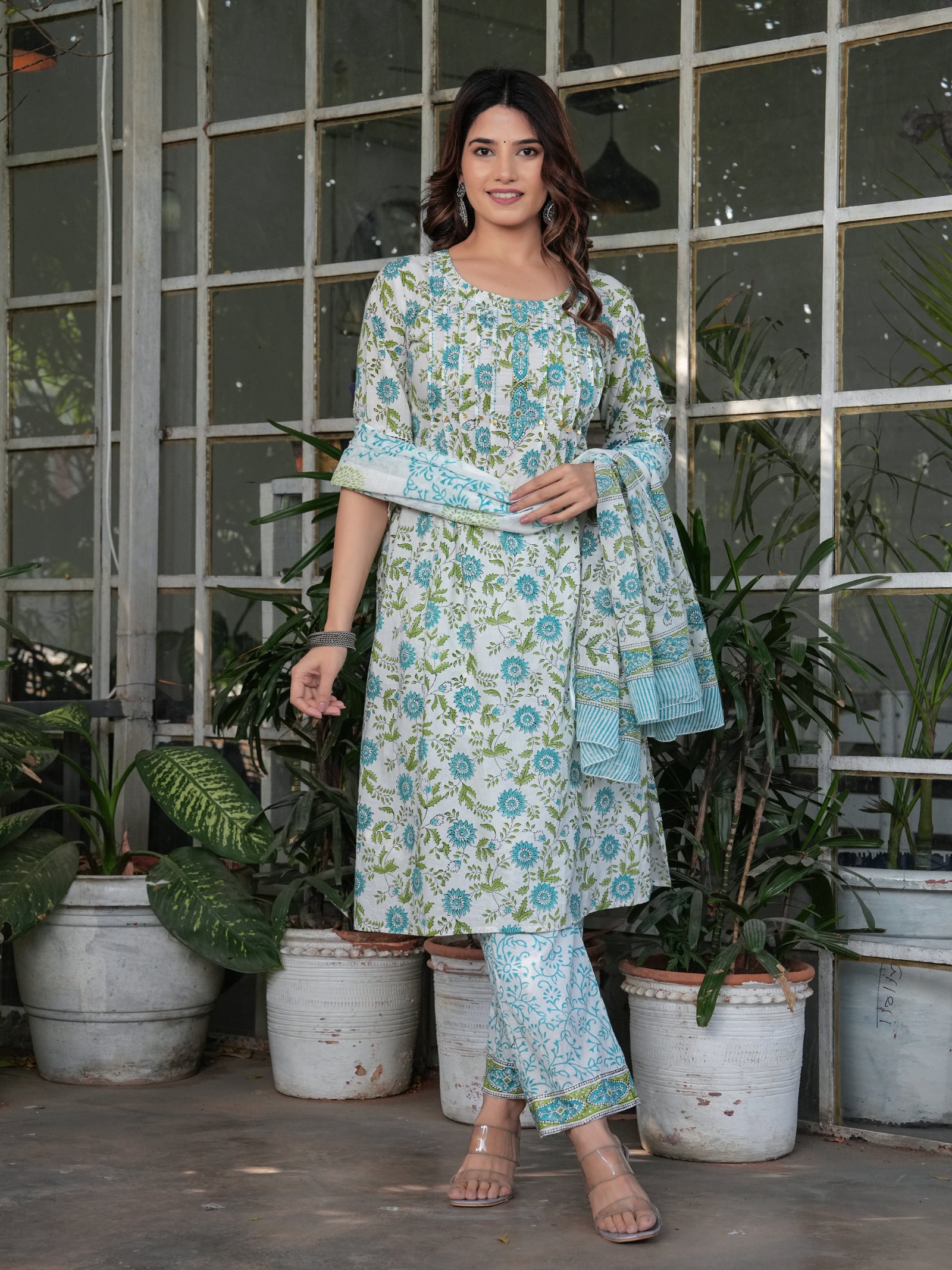 Maluka Women’s Cotton White-Green Floral Printed Straight Kurta Set with Dupatta