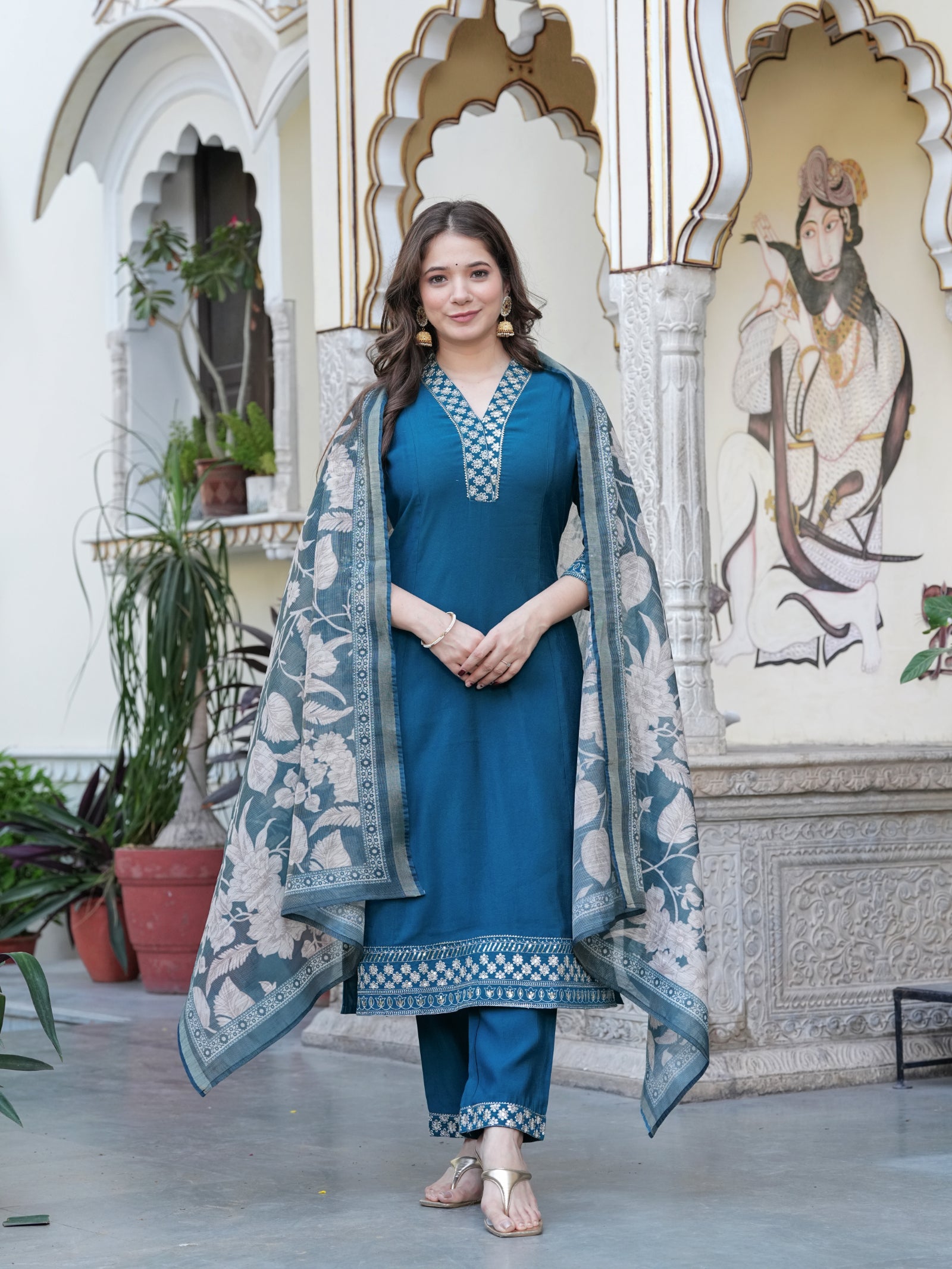 Maluka Women’s Wine & Teal Cotton Kurta Set with Dupatta