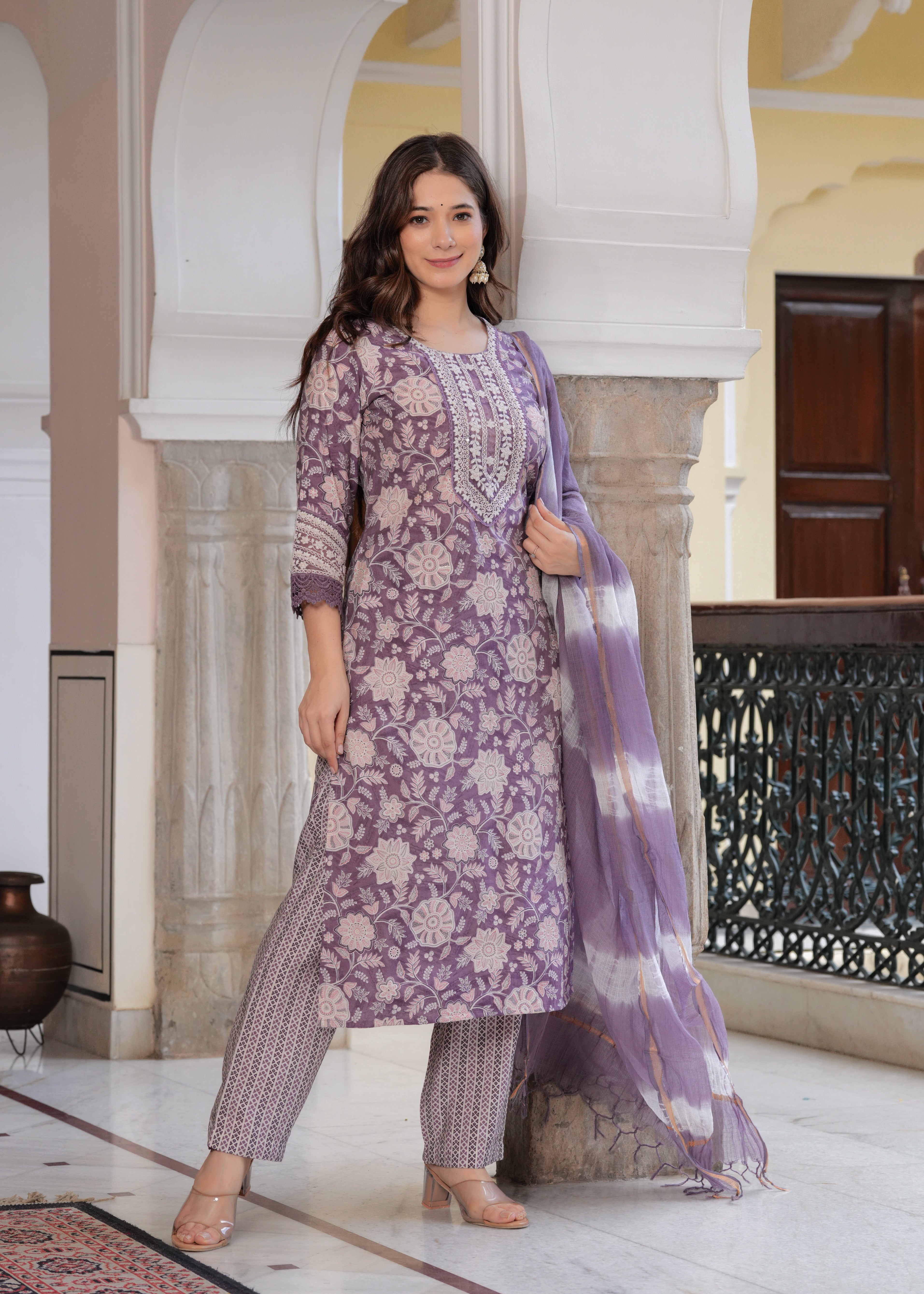 MALUKA MODAL CHANDERI GREEN/PURPLE FLORAL PRINT ETHNIC SET