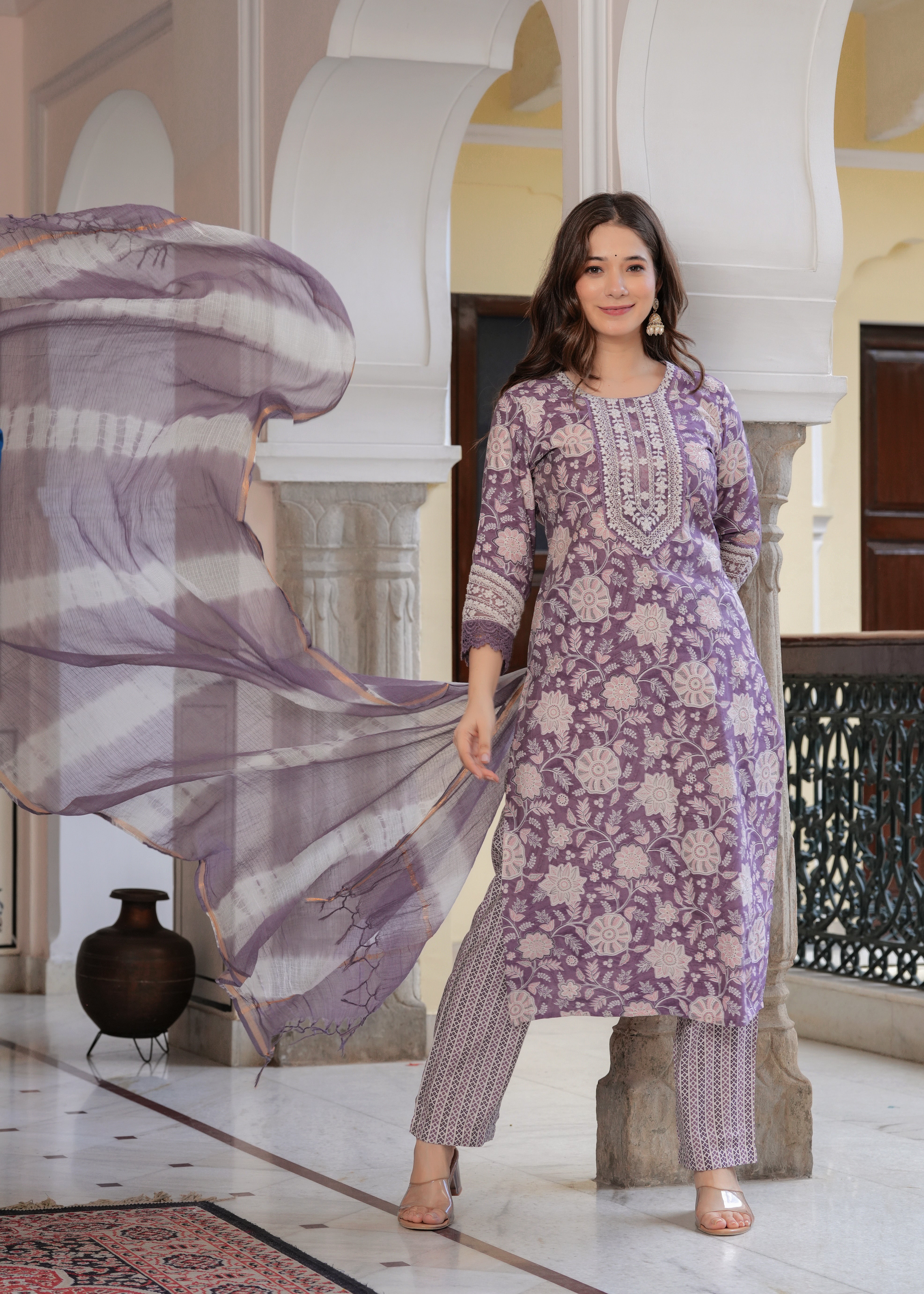 MALUKA MODAL CHANDERI GREEN/PURPLE FLORAL PRINT ETHNIC SET