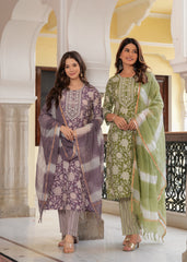 MALUKA MODAL CHANDERI GREEN/PURPLE FLORAL PRINT ETHNIC SET