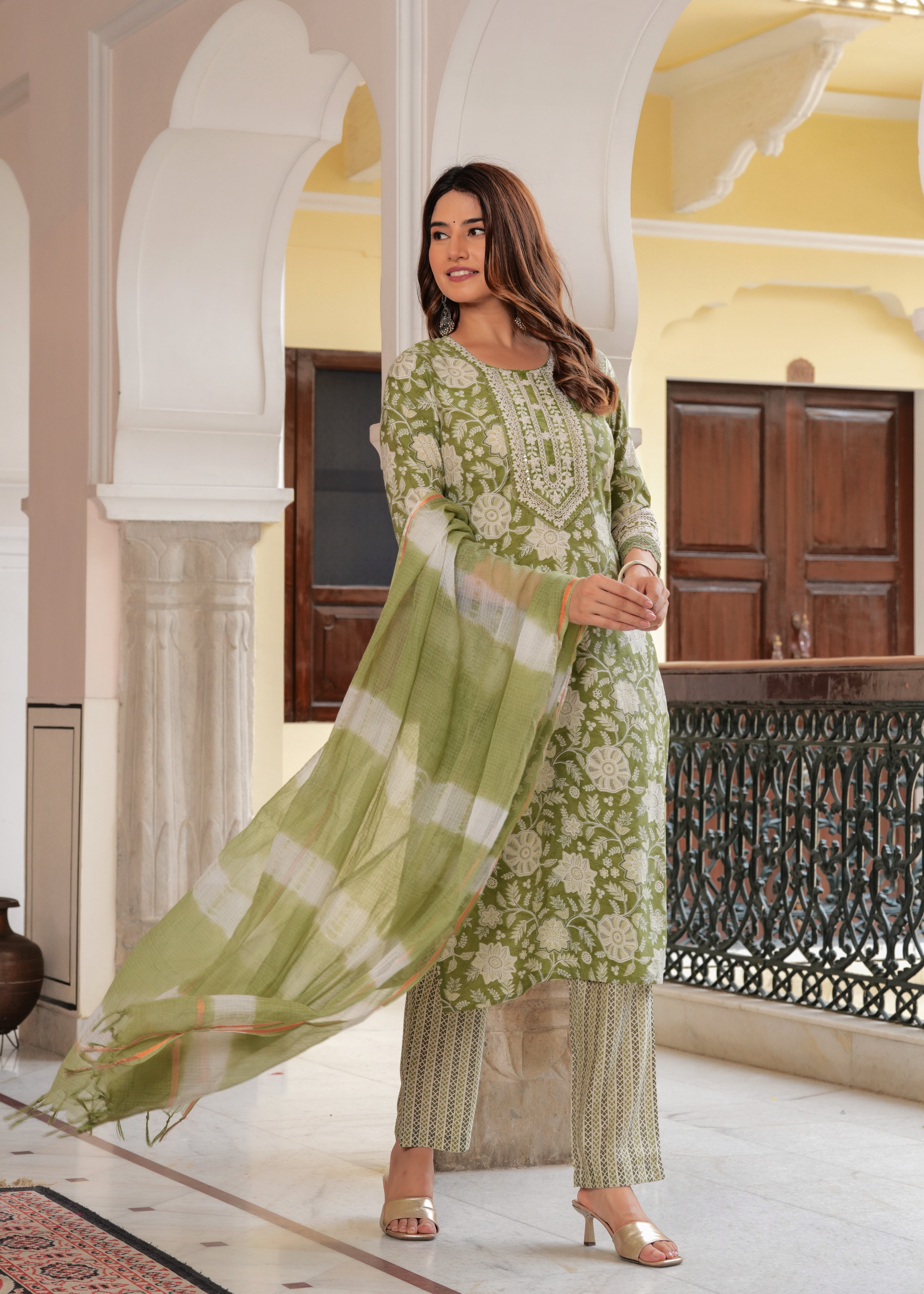 MALUKA MODAL CHANDERI GREEN/PURPLE FLORAL PRINT ETHNIC SET