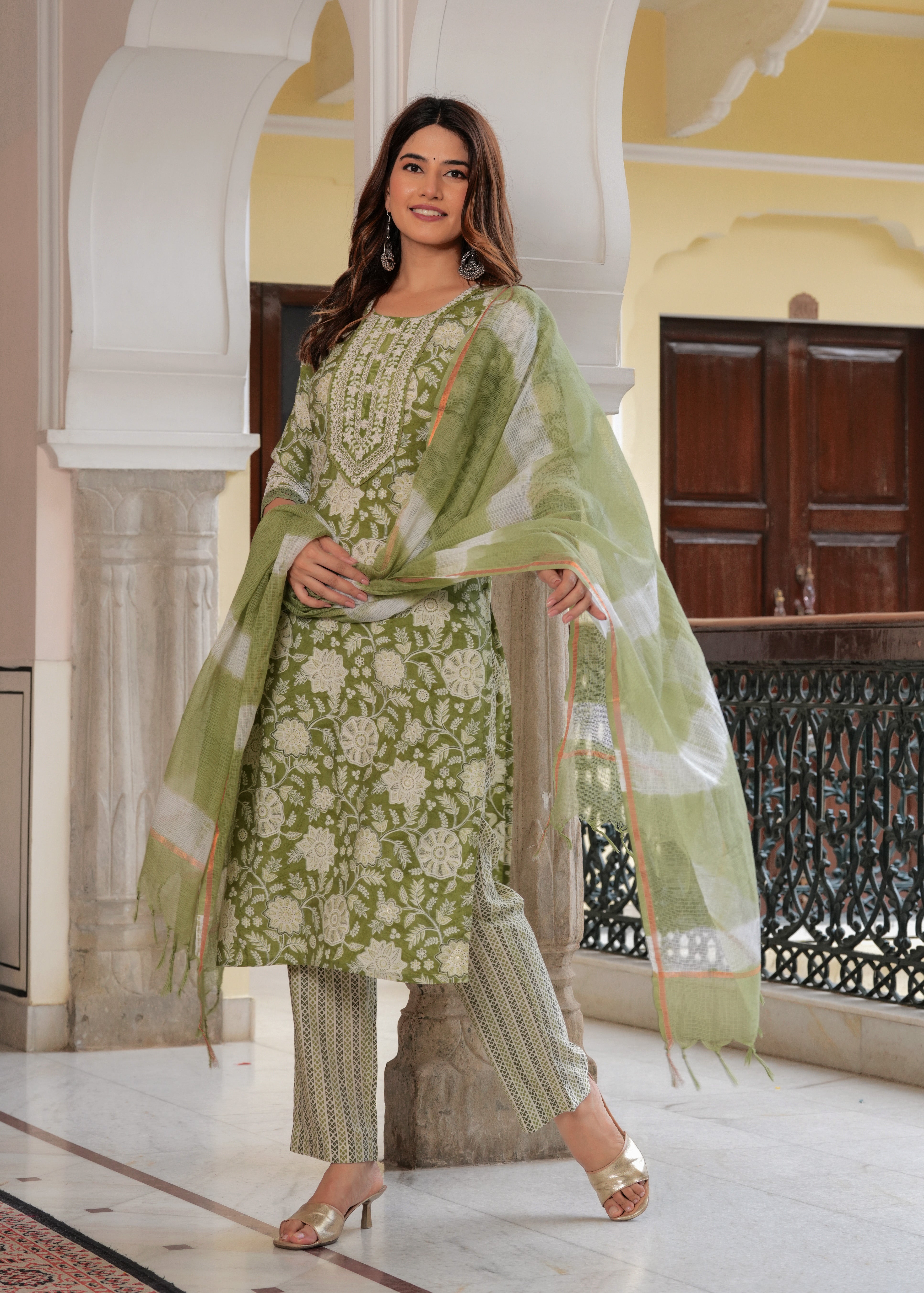 MALUKA MODAL CHANDERI GREEN/PURPLE FLORAL PRINT ETHNIC SET