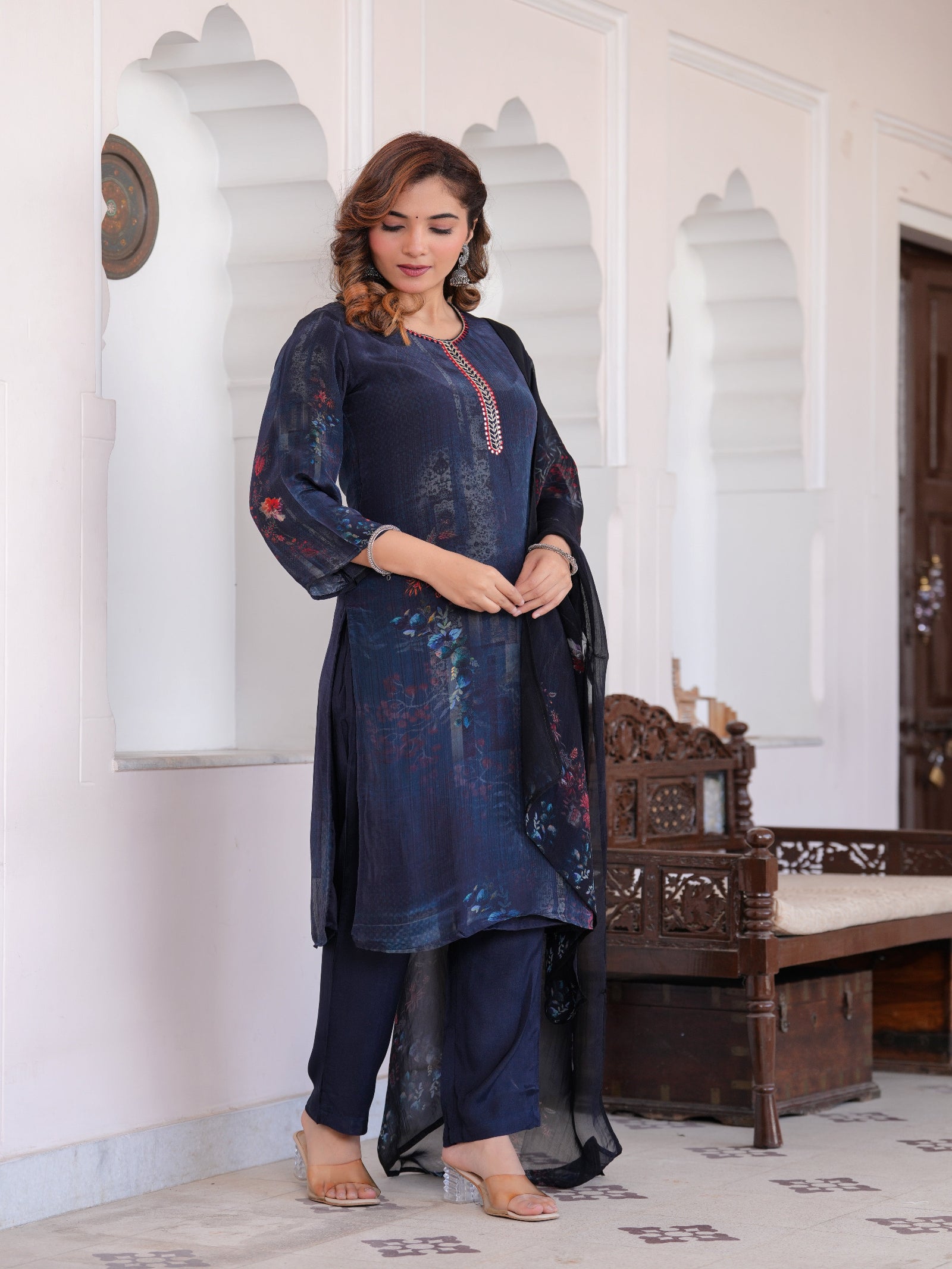 Maluka Women Dark Blue Viscose Crape Digital Print Kurta Pant Dupatta Set