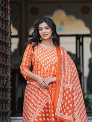 Maluka Women Orange Cotton Emb. Printed Kurta Pant Dupatta Set